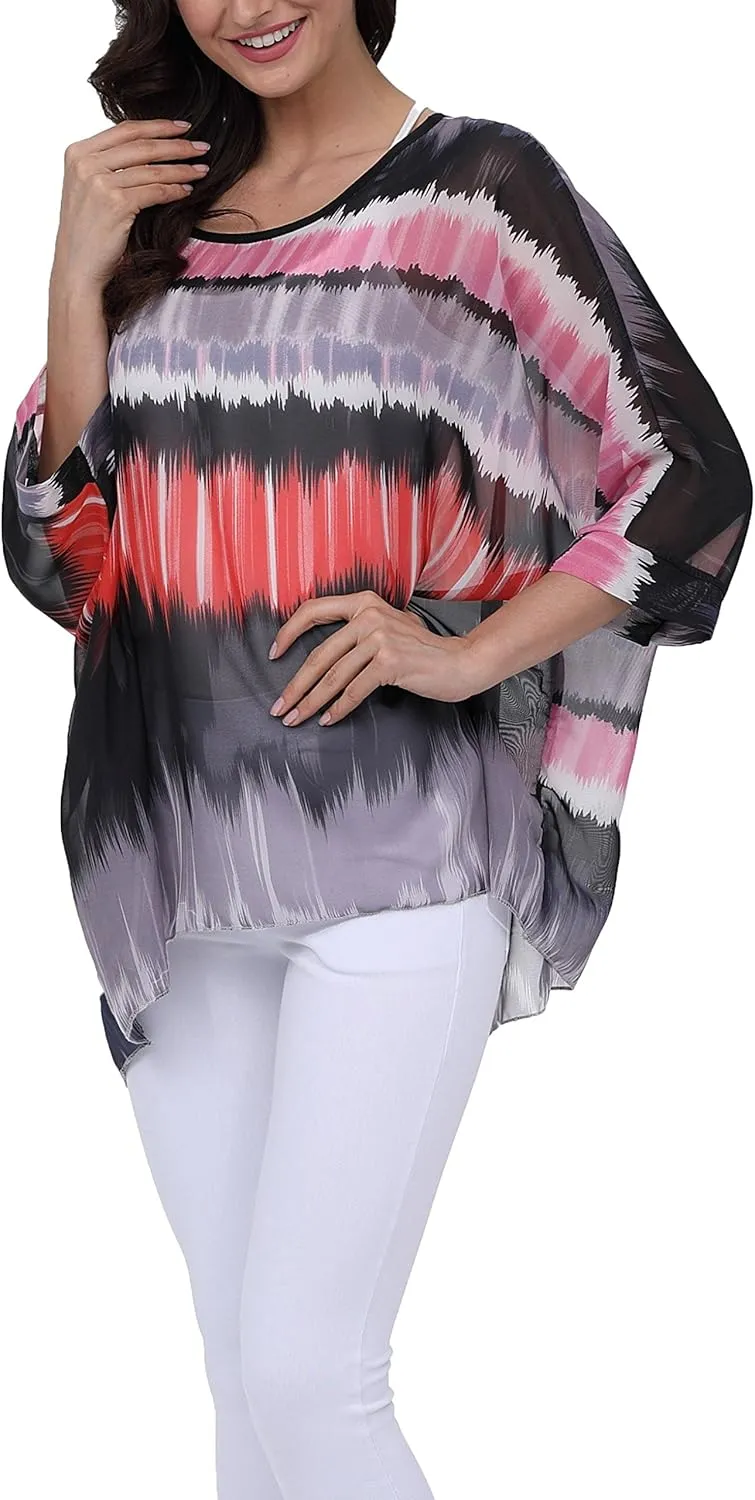 Plus Size Floral Chiffon Batwing Sleeve Tunic Blouse Boho Off-Shoulder Beach Cover Up Loose Summer Tops for Women
