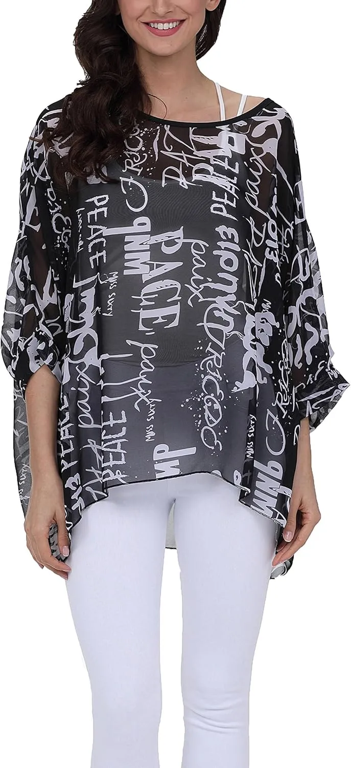 Plus Size Floral Chiffon Batwing Sleeve Tunic Blouse Boho Off-Shoulder Beach Cover Up Loose Summer Tops for Women