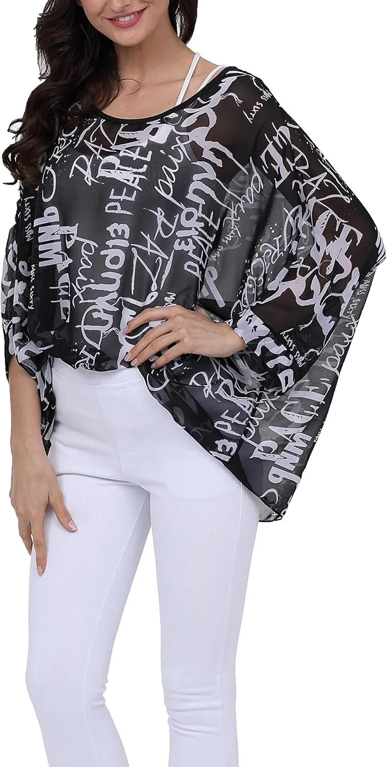Plus Size Floral Chiffon Batwing Sleeve Tunic Blouse Boho Off-Shoulder Beach Cover Up Loose Summer Tops for Women