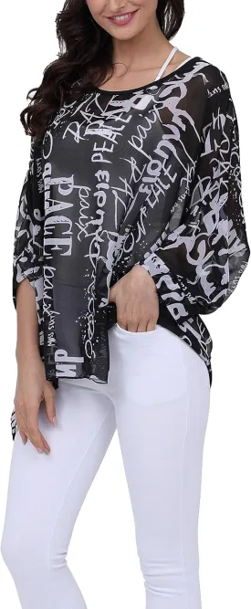 Plus Size Floral Chiffon Batwing Sleeve Tunic Blouse Boho Off-Shoulder Beach Cover Up Loose Summer Tops for Women