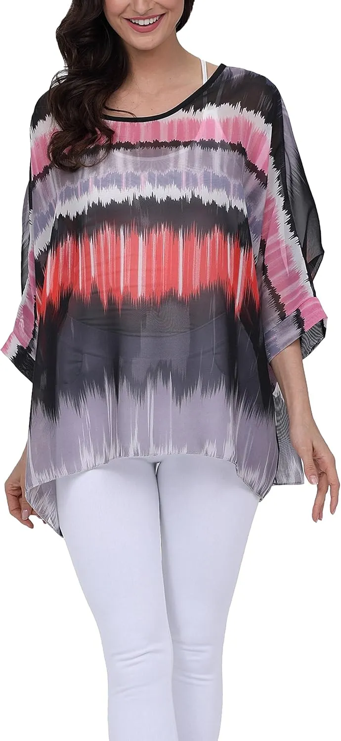 Plus Size Floral Chiffon Batwing Sleeve Tunic Blouse Boho Off-Shoulder Beach Cover Up Loose Summer Tops for Women