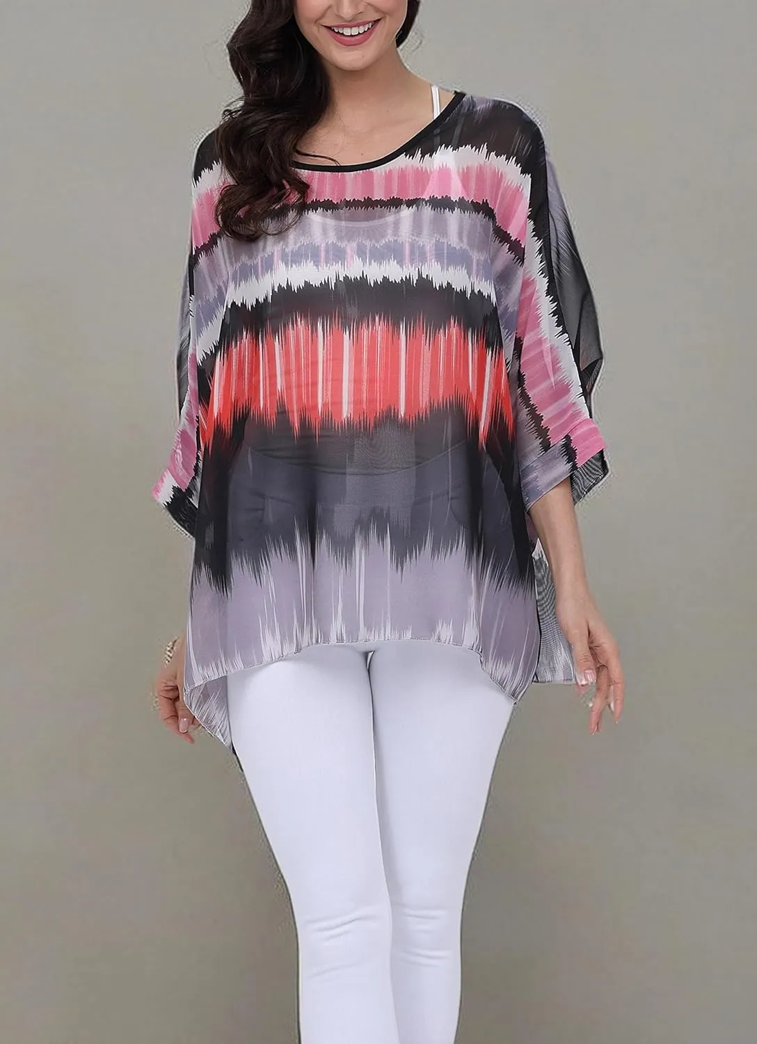 Plus Size Floral Chiffon Batwing Sleeve Tunic Blouse Boho Off-Shoulder Beach Cover Up Loose Summer Tops for Women