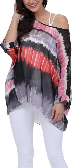 Plus Size Floral Chiffon Batwing Sleeve Tunic Blouse Boho Off-Shoulder Beach Cover Up Loose Summer Tops for Women