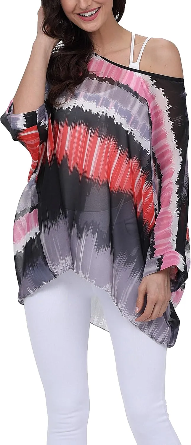 Plus Size Floral Chiffon Batwing Sleeve Tunic Blouse Boho Off-Shoulder Beach Cover Up Loose Summer Tops for Women