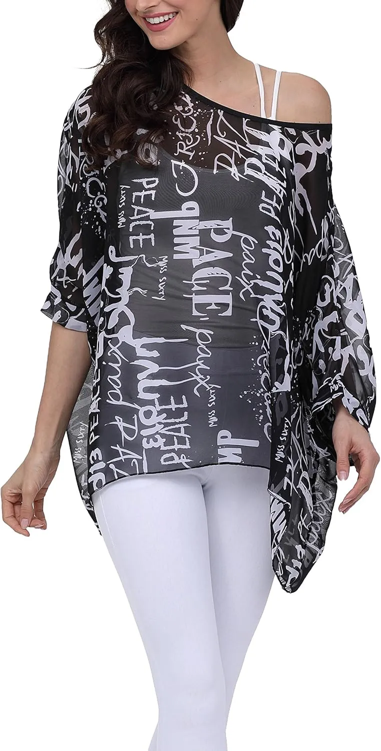 Plus Size Floral Chiffon Batwing Sleeve Tunic Blouse Boho Off-Shoulder Beach Cover Up Loose Summer Tops for Women