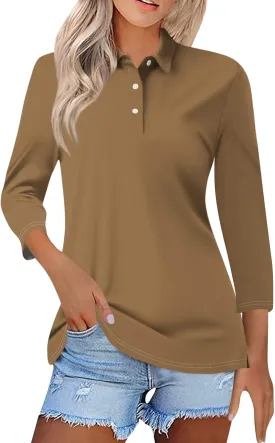 Polo Shirts for Women Summer Tops Button Down 3/4 Sleeve Golf Tees Shirts Lapel Collared Shirts Office Wear for Work