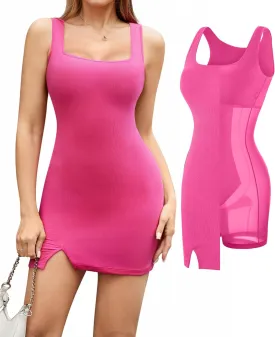Popilush Shapewear Dress Built in Shapewear Bra 8 in 1 Square Neck Mini Slit Bodycon Summer Dress for Women