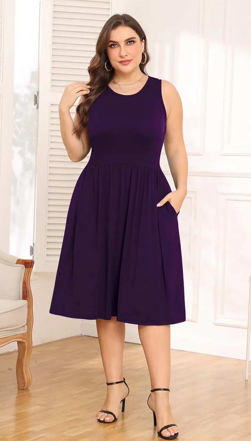 POSESHE Womens Plus Size Dress 2024 Summer Round Neck Sleeveless Casual Empire Waist Loose Fit Swing Tank Dress with Pockets