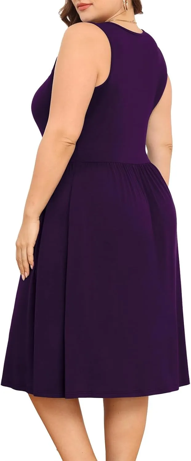 POSESHE Womens Plus Size Dress 2024 Summer Round Neck Sleeveless Casual Empire Waist Loose Fit Swing Tank Dress with Pockets