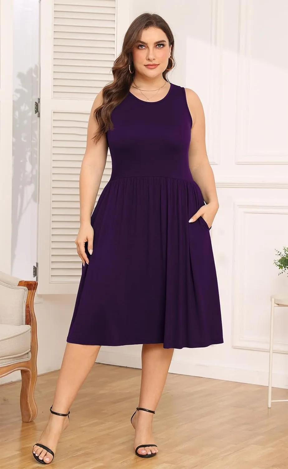 POSESHE Womens Plus Size Dress 2024 Summer Round Neck Sleeveless Casual Empire Waist Loose Fit Swing Tank Dress with Pockets