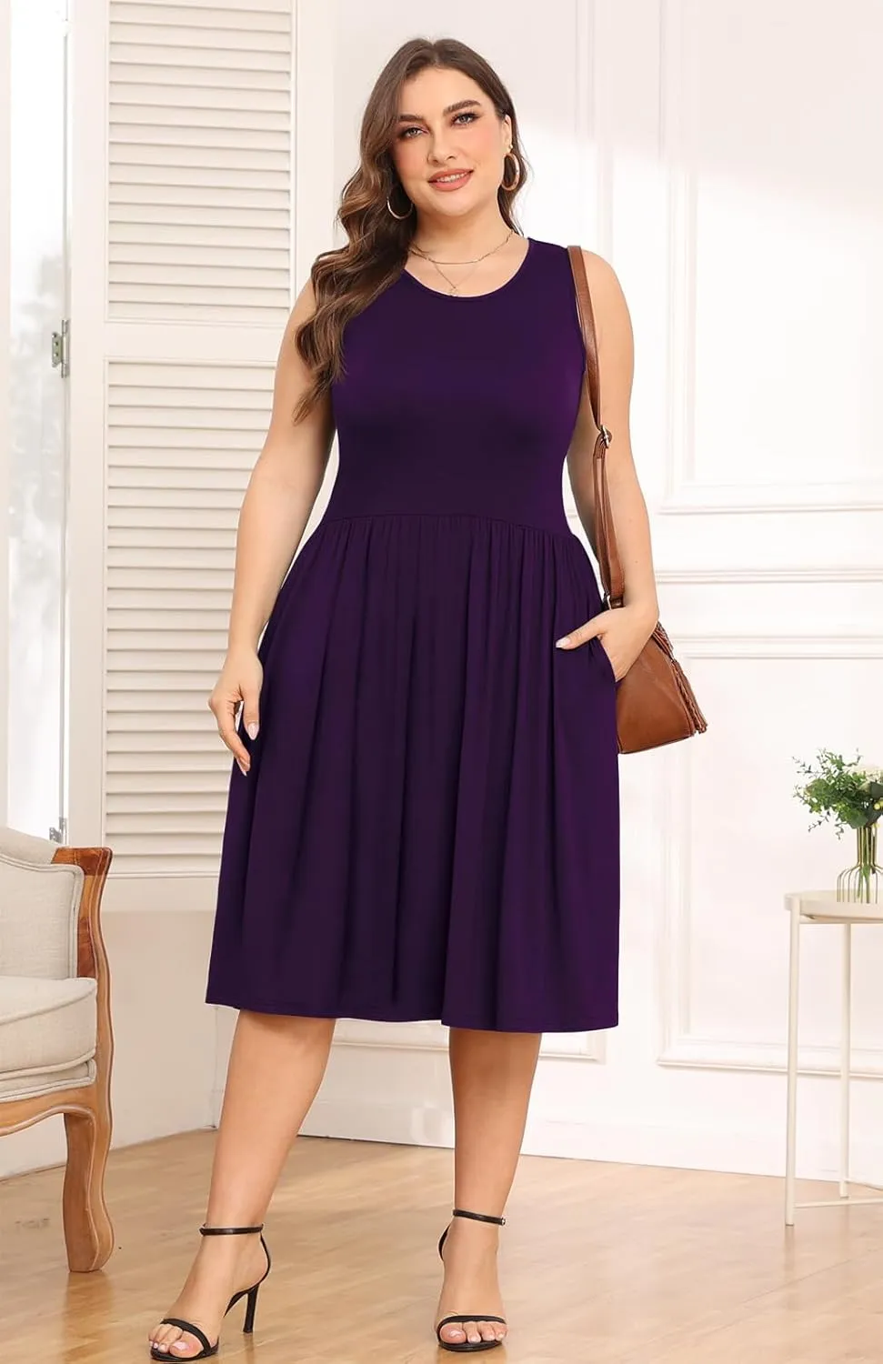 POSESHE Womens Plus Size Dress 2024 Summer Round Neck Sleeveless Casual Empire Waist Loose Fit Swing Tank Dress with Pockets