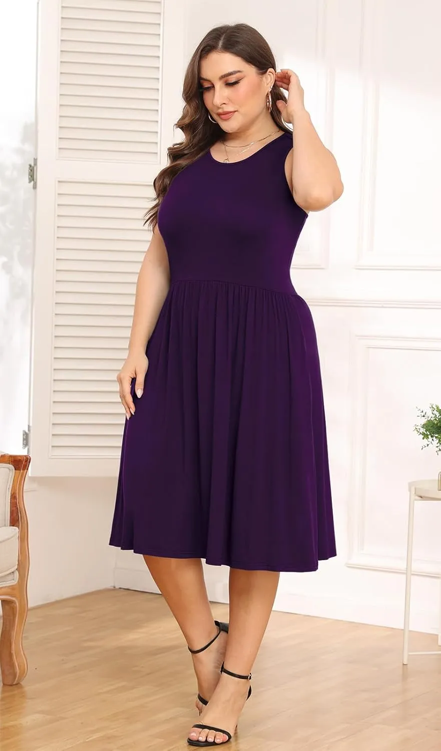 POSESHE Womens Plus Size Dress 2024 Summer Round Neck Sleeveless Casual Empire Waist Loose Fit Swing Tank Dress with Pockets