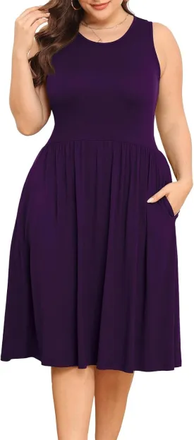 POSESHE Womens Plus Size Dress 2024 Summer Round Neck Sleeveless Casual Empire Waist Loose Fit Swing Tank Dress with Pockets