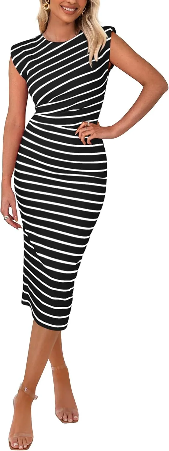 PRETTYGARDEN Women's Dresses 2025 Summer Casual Sleeveless Crewneck Slim Ruched Striped Knit Slit Midi Bodycon Dress
