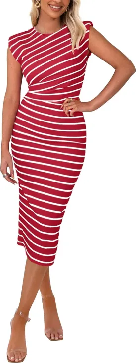 PRETTYGARDEN Women's Dresses 2025 Summer Casual Sleeveless Crewneck Slim Ruched Striped Knit Slit Midi Bodycon Dress