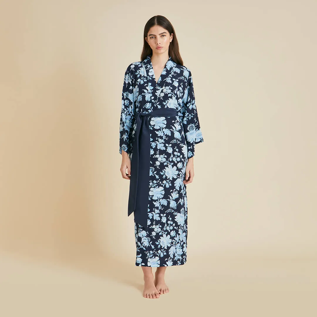 Queenie Alcides Blue Floral Robe in Silk Crêpe de Chine
