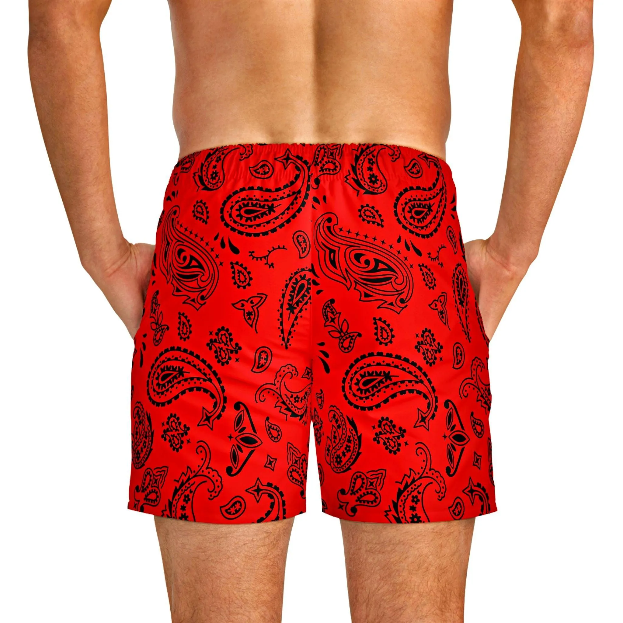 Red & Black Paisley Swim Trunks For Men