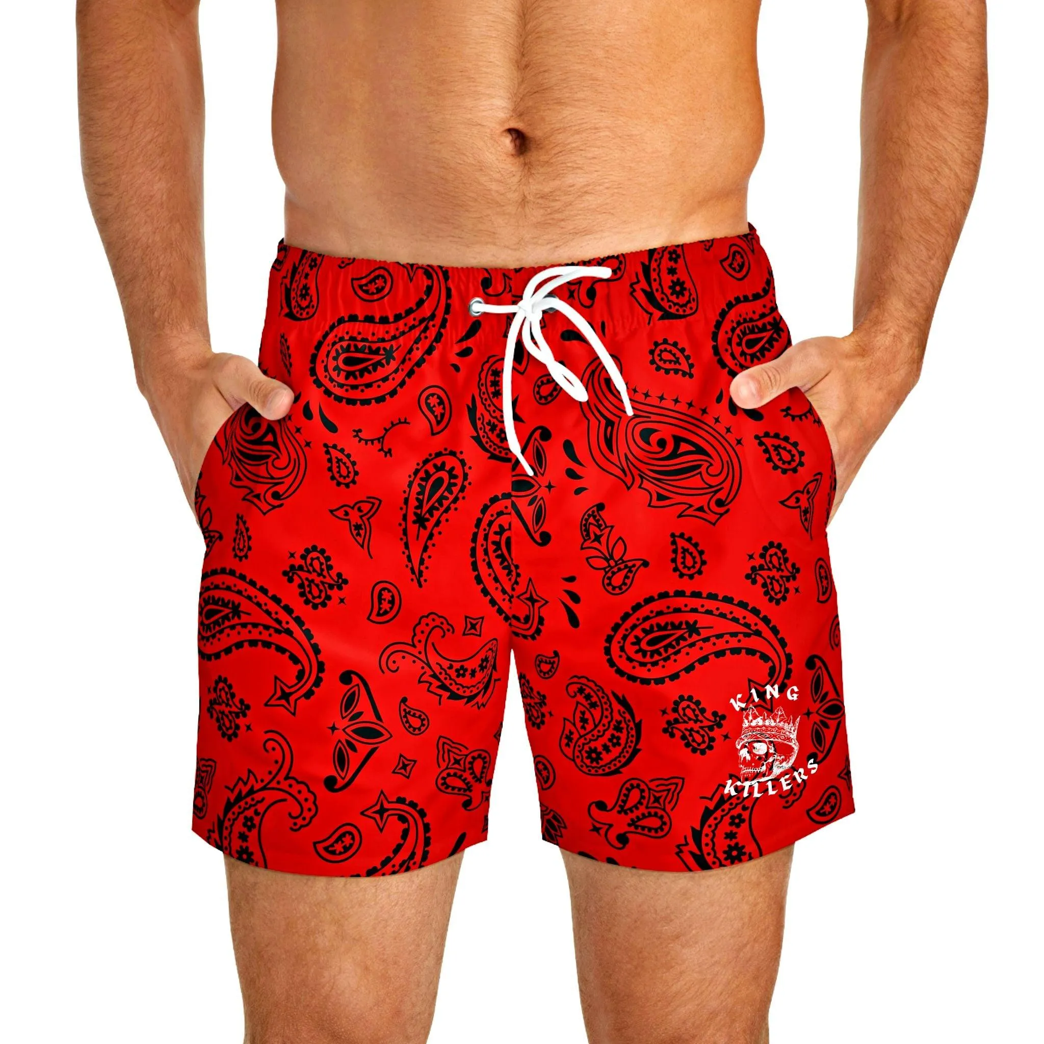 Red & Black Paisley Swim Trunks For Men