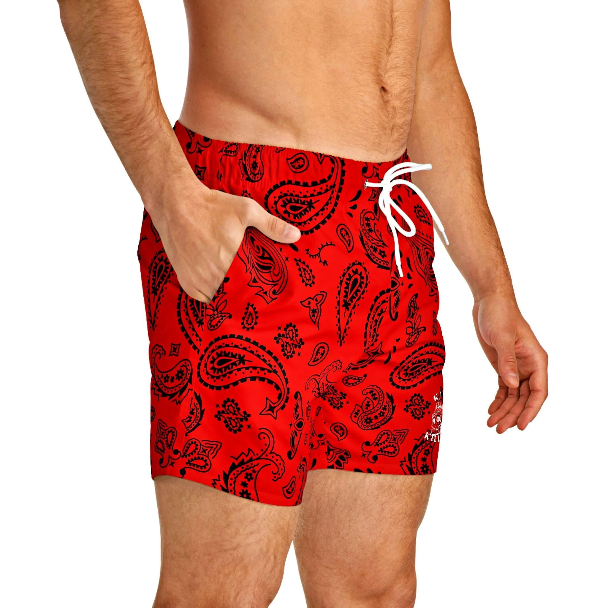 Red & Black Paisley Swim Trunks For Men