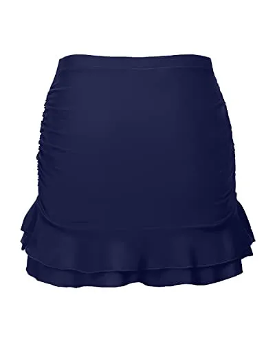 Ruched Skirt Swimsuits With Built In Brief High Waisted Swim Skirt-Navy Blue