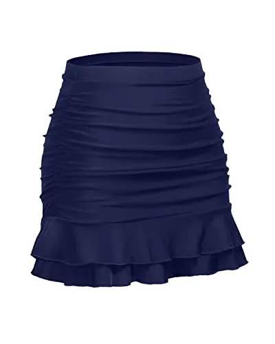 Ruched Skirt Swimsuits With Built In Brief High Waisted Swim Skirt-Navy Blue