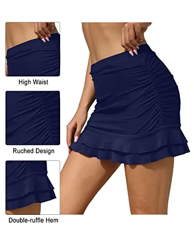 Ruched Skirt Swimsuits With Built In Brief High Waisted Swim Skirt-Navy Blue