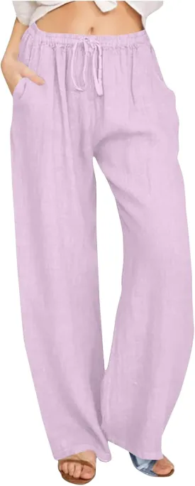 Ruziyoog Womens Cotton Linen Palazzo Pants Drawstring Elastic Waist Casual Wide Leg Beach Pants Summer Loose Fit Trousers