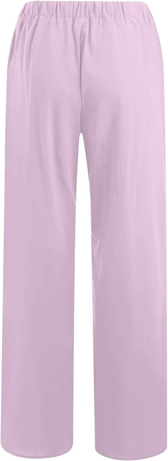 Ruziyoog Womens Cotton Linen Palazzo Pants Drawstring Elastic Waist Casual Wide Leg Beach Pants Summer Loose Fit Trousers