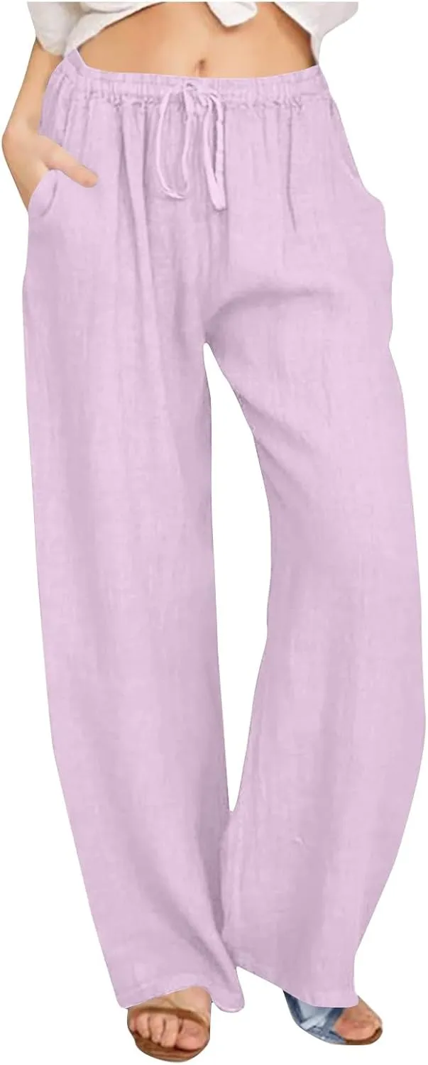 Ruziyoog Womens Cotton Linen Palazzo Pants Drawstring Elastic Waist Casual Wide Leg Beach Pants Summer Loose Fit Trousers