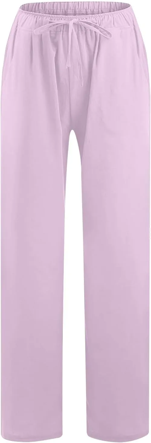 Ruziyoog Womens Cotton Linen Palazzo Pants Drawstring Elastic Waist Casual Wide Leg Beach Pants Summer Loose Fit Trousers