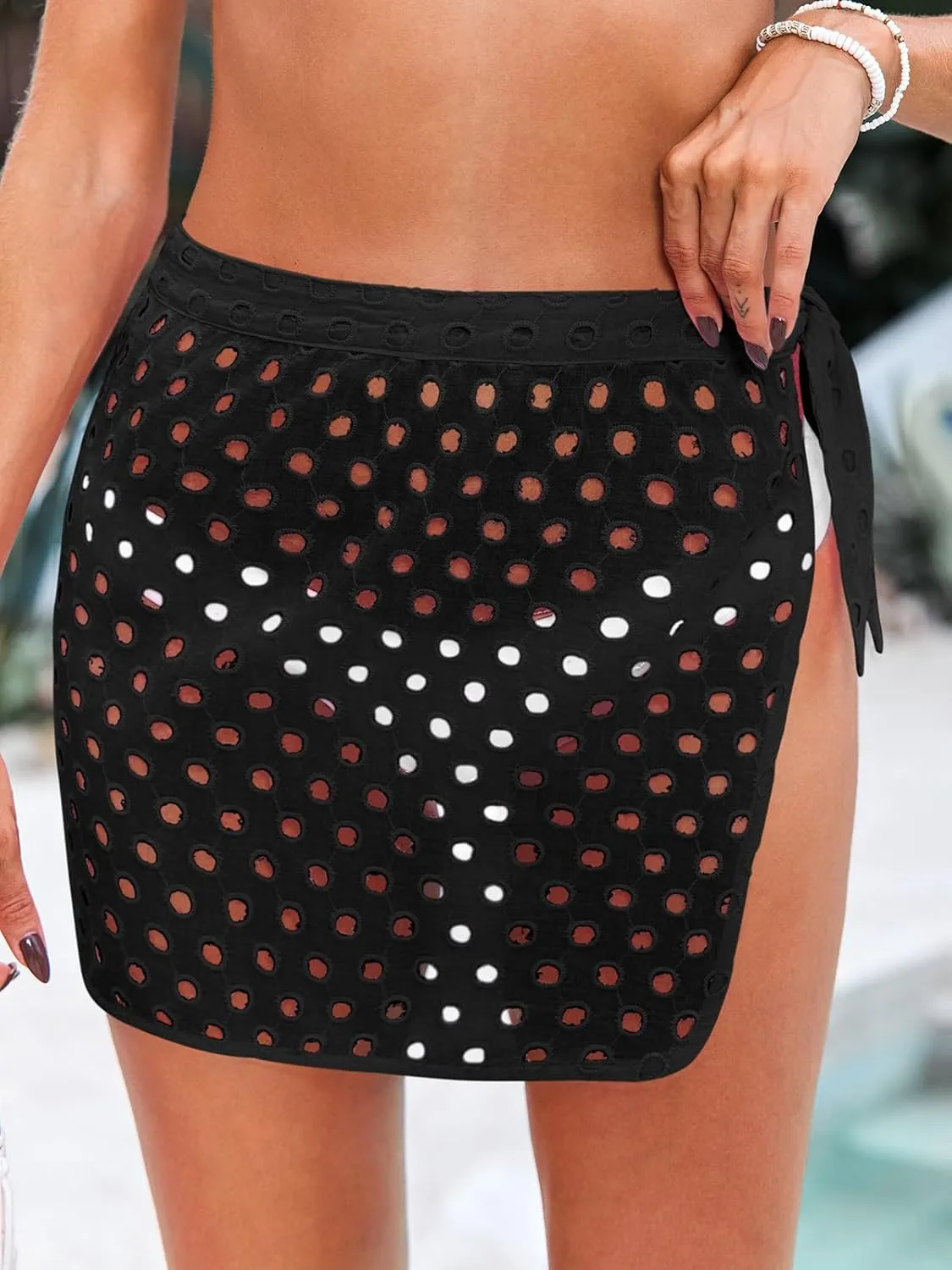 Saodimallsu Women's Crochet Cover Up Skirt 2024 Beach Mesh Slit Tie Waist Mini Wrap Skirts Pareo Swimwear Coverups