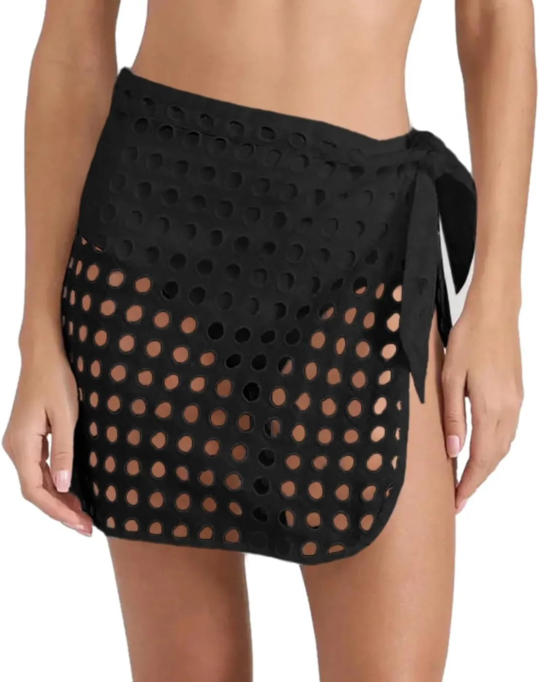 Saodimallsu Women's Crochet Cover Up Skirt 2024 Beach Mesh Slit Tie Waist Mini Wrap Skirts Pareo Swimwear Coverups