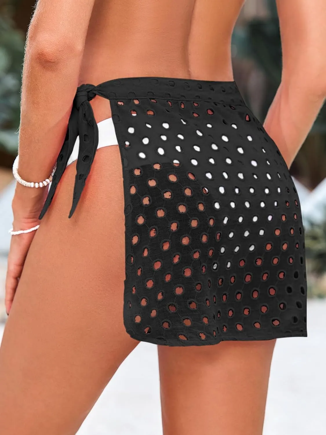 Saodimallsu Women's Crochet Cover Up Skirt 2024 Beach Mesh Slit Tie Waist Mini Wrap Skirts Pareo Swimwear Coverups