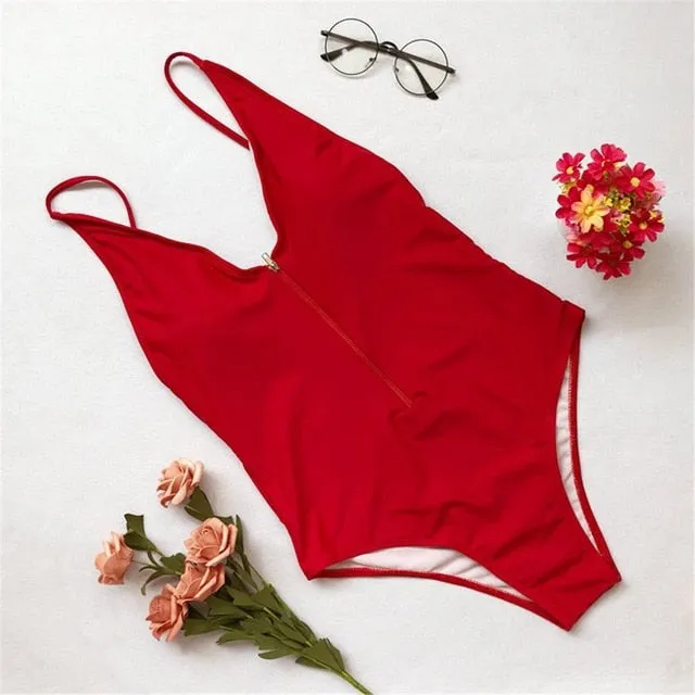 Sexy Zipper Deep V Neck Bather Backless Monokini