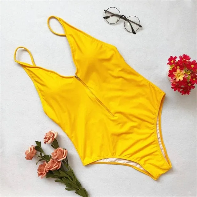 Sexy Zipper Deep V Neck Bather Backless Monokini