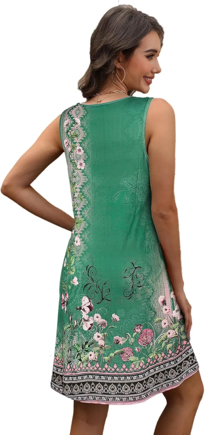 Sherosa Casual Summer Sleeveless V Neck Sundress Loose Beach Swimsuit Cover Up Floral Mini Dress with Pockets（S-XXL）