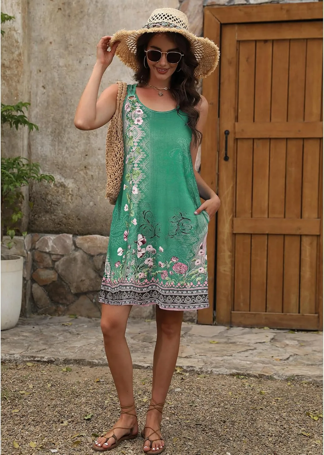 Sherosa Casual Summer Sleeveless V Neck Sundress Loose Beach Swimsuit Cover Up Floral Mini Dress with Pockets（S-XXL）