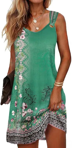 Sherosa Casual Summer Sleeveless V Neck Sundress Loose Beach Swimsuit Cover Up Floral Mini Dress with Pockets（S-XXL）