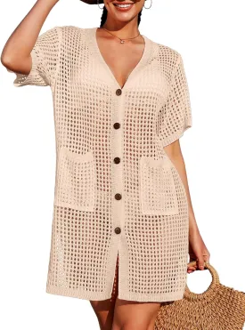 SOCIALA Swimsuit Cover up Women Button down Crochet Beach Dress Side Split Swim Bathing Suit Coverups Pocket Swimwear