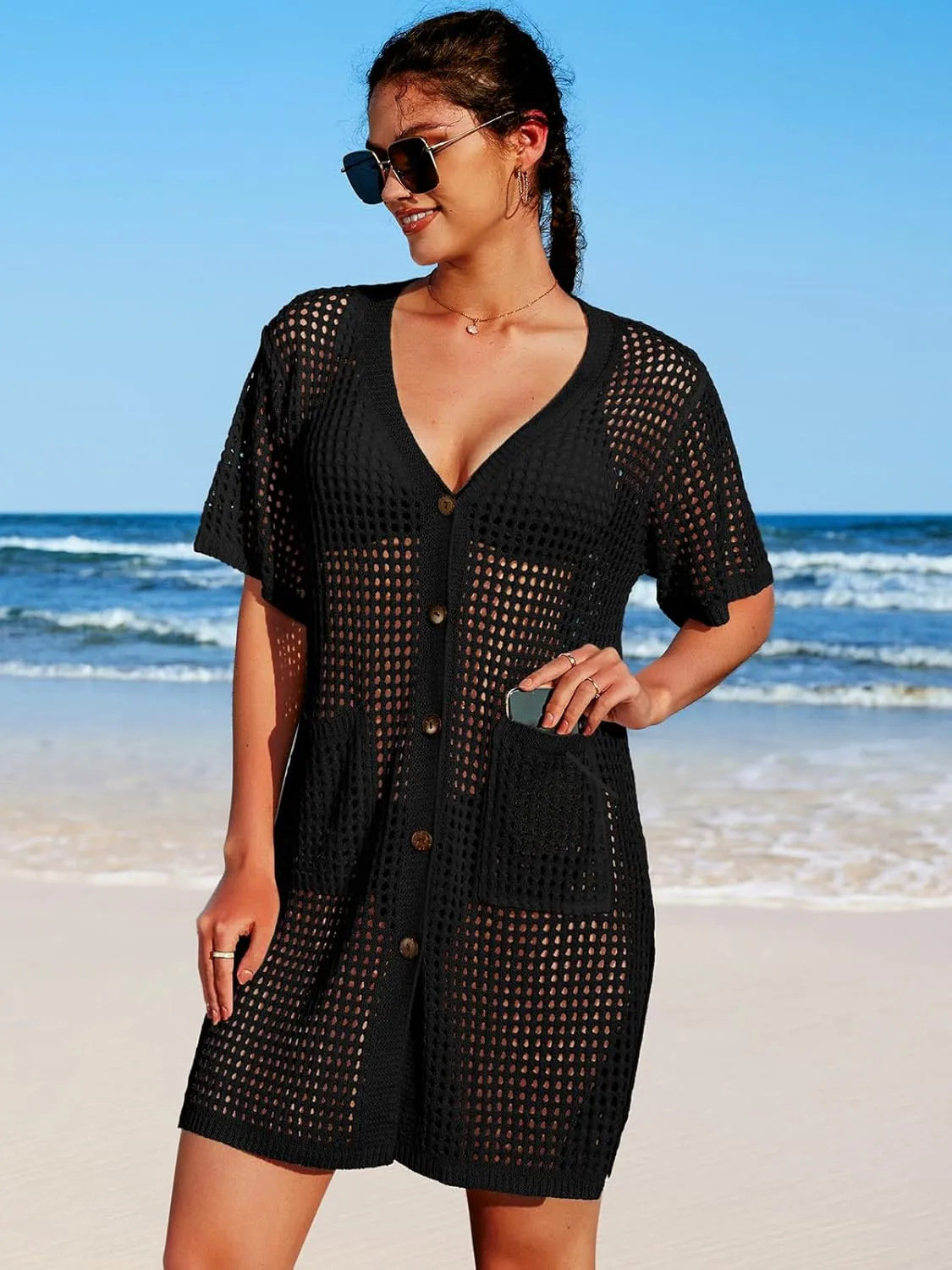 SOCIALA Swimsuit Cover up Women Button down Crochet Beach Dress Side Split Swim Bathing Suit Coverups Pocket Swimwear