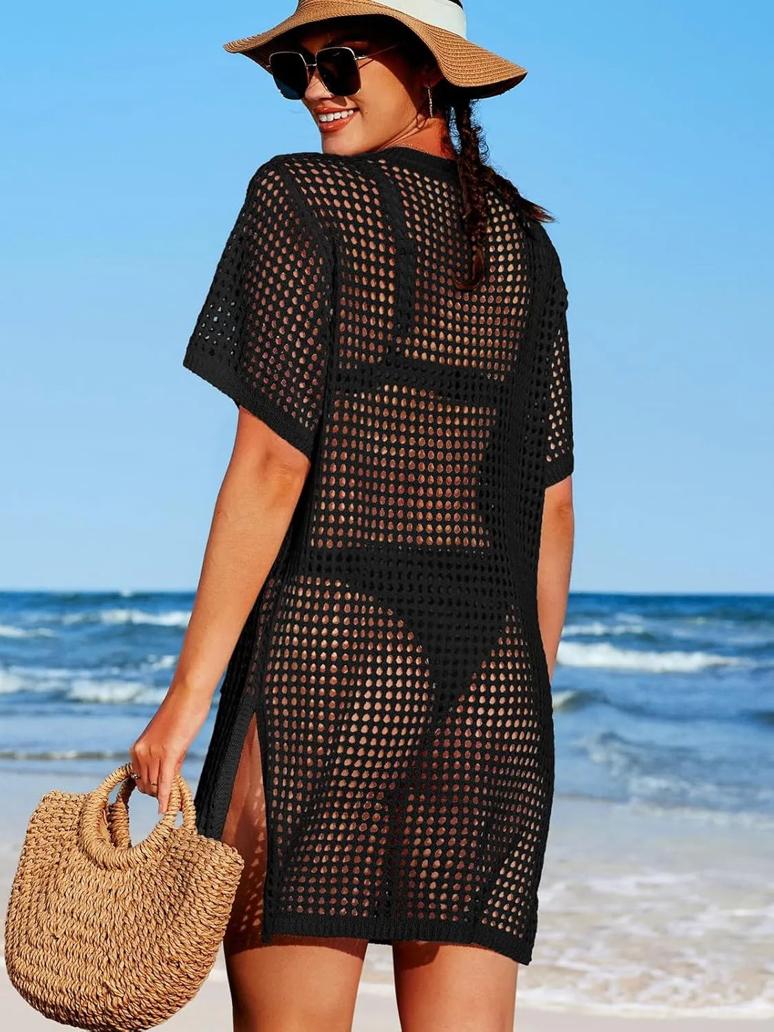 SOCIALA Swimsuit Cover up Women Button down Crochet Beach Dress Side Split Swim Bathing Suit Coverups Pocket Swimwear