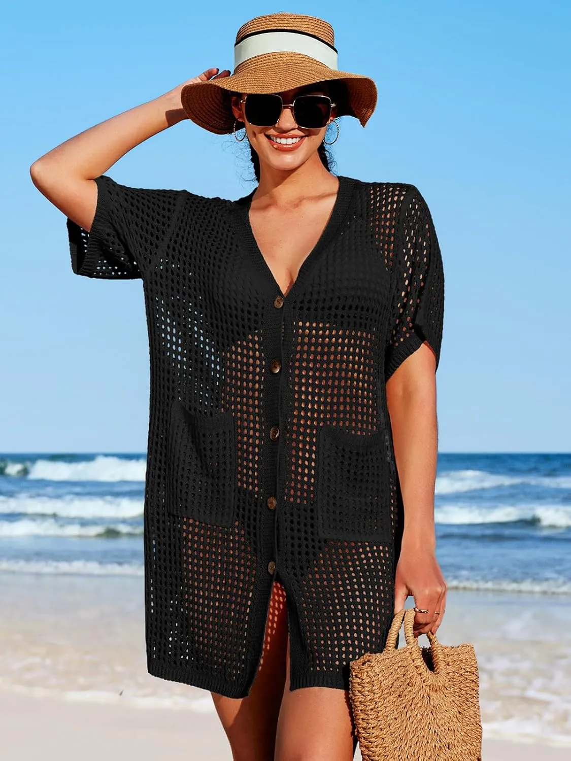 SOCIALA Swimsuit Cover up Women Button down Crochet Beach Dress Side Split Swim Bathing Suit Coverups Pocket Swimwear