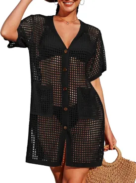SOCIALA Swimsuit Cover up Women Button down Crochet Beach Dress Side Split Swim Bathing Suit Coverups Pocket Swimwear