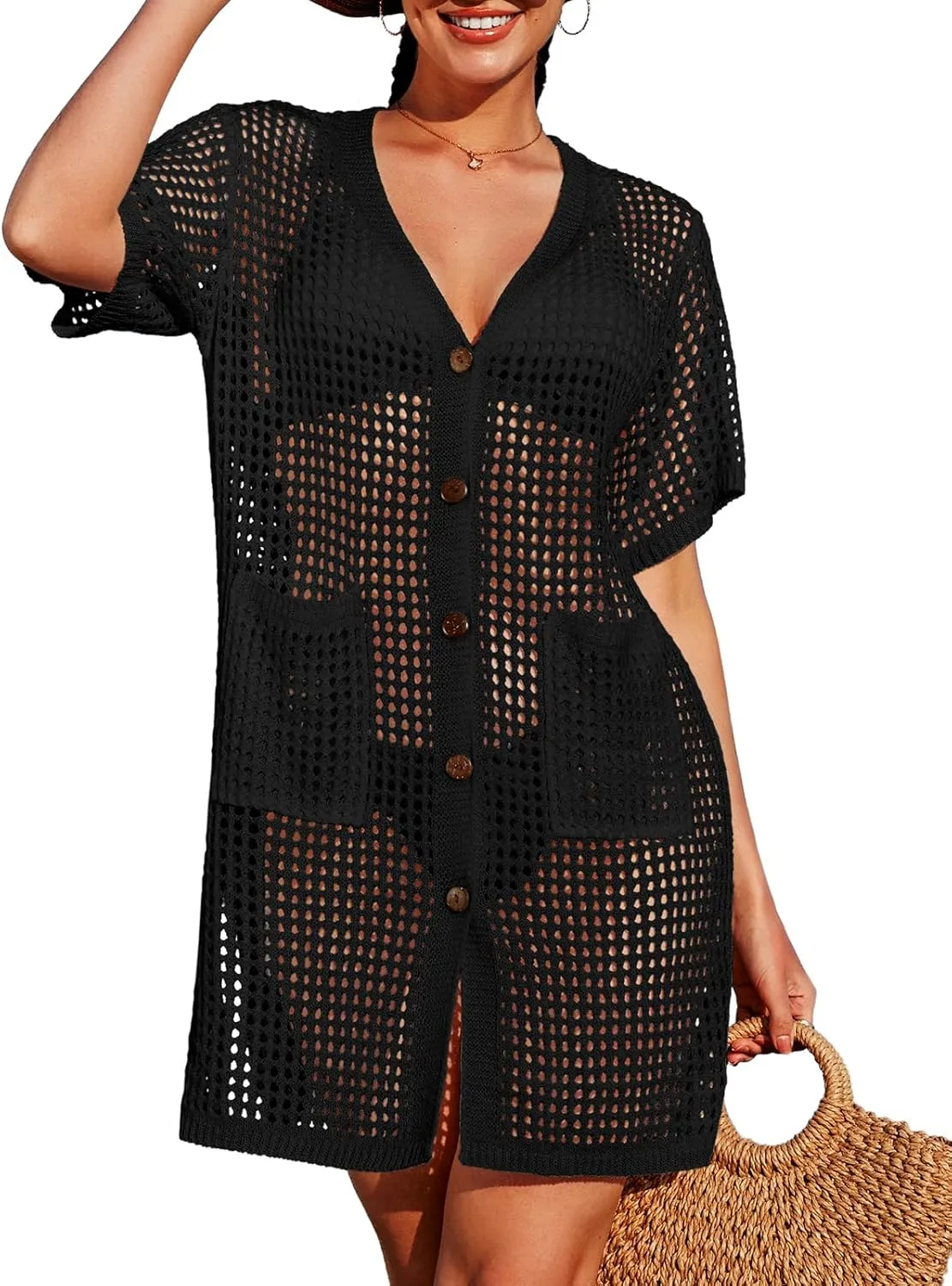 SOCIALA Swimsuit Cover up Women Button down Crochet Beach Dress Side Split Swim Bathing Suit Coverups Pocket Swimwear