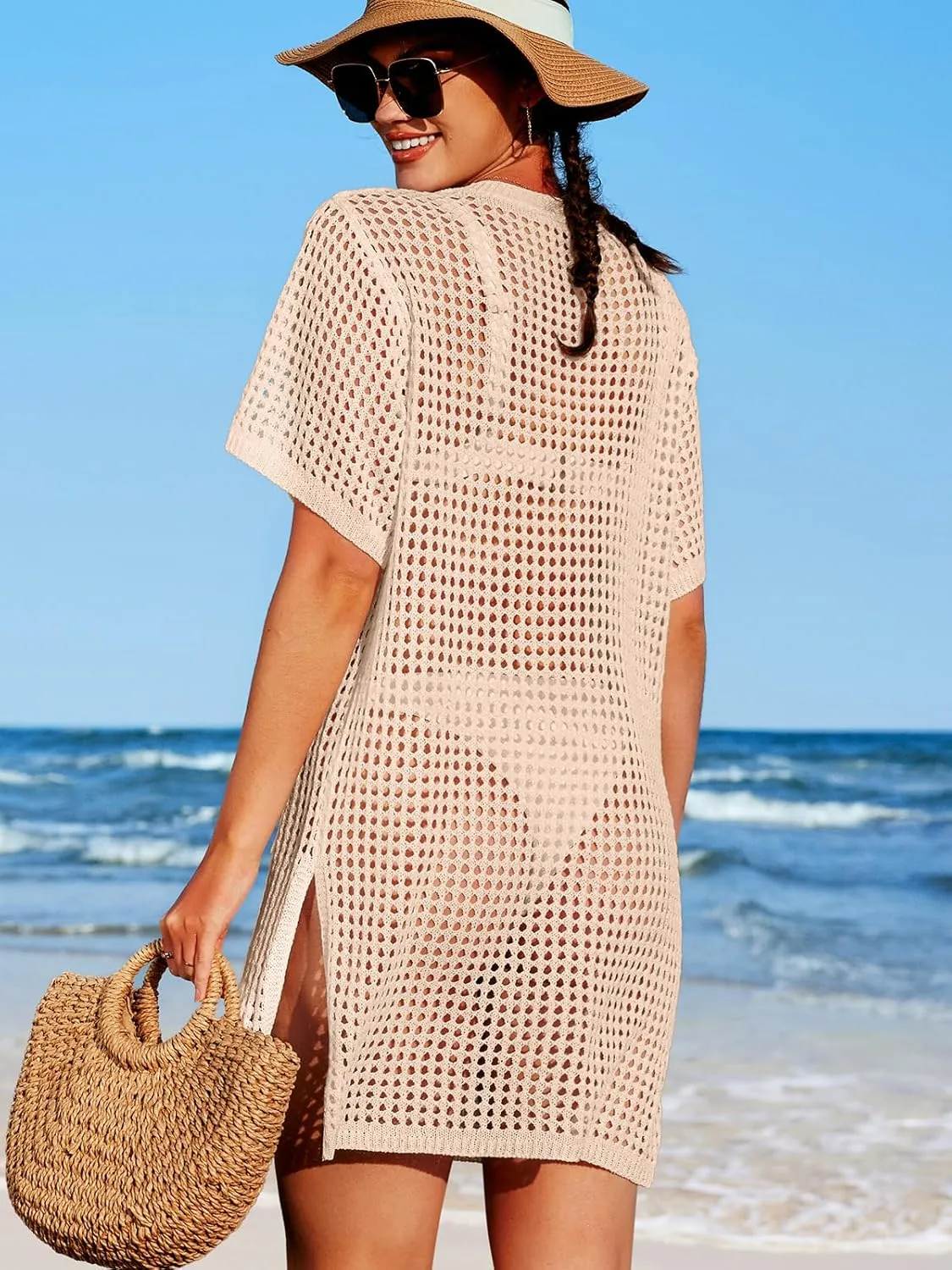 SOCIALA Swimsuit Cover up Women Button down Crochet Beach Dress Side Split Swim Bathing Suit Coverups Pocket Swimwear