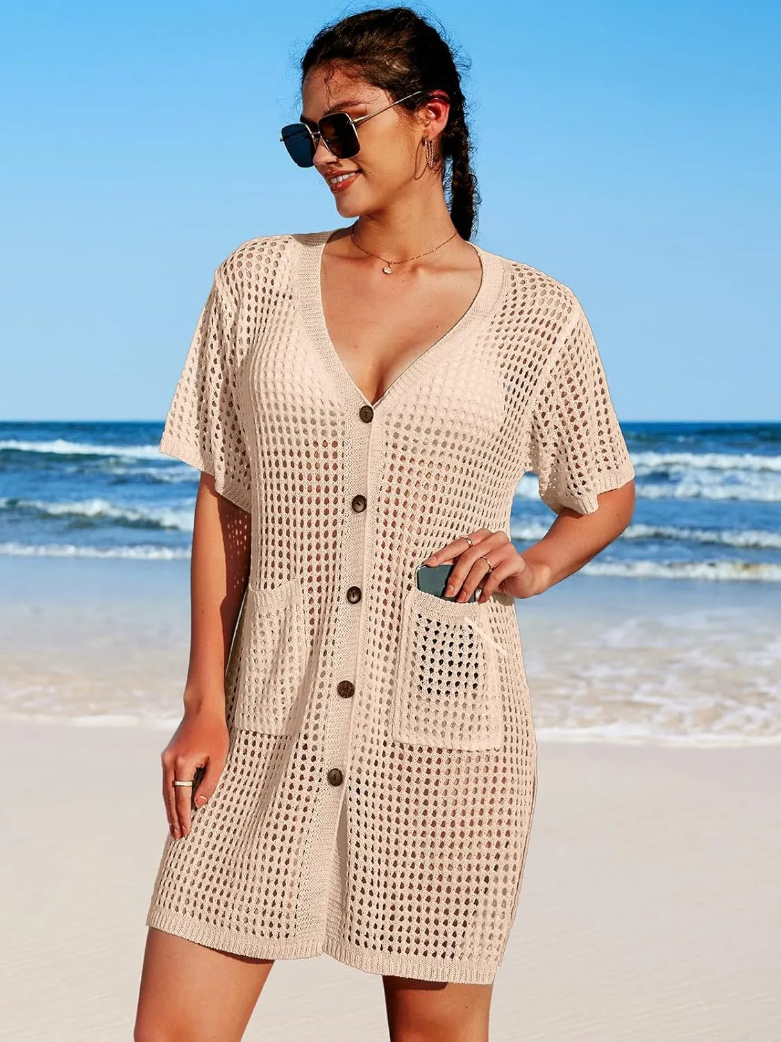 SOCIALA Swimsuit Cover up Women Button down Crochet Beach Dress Side Split Swim Bathing Suit Coverups Pocket Swimwear