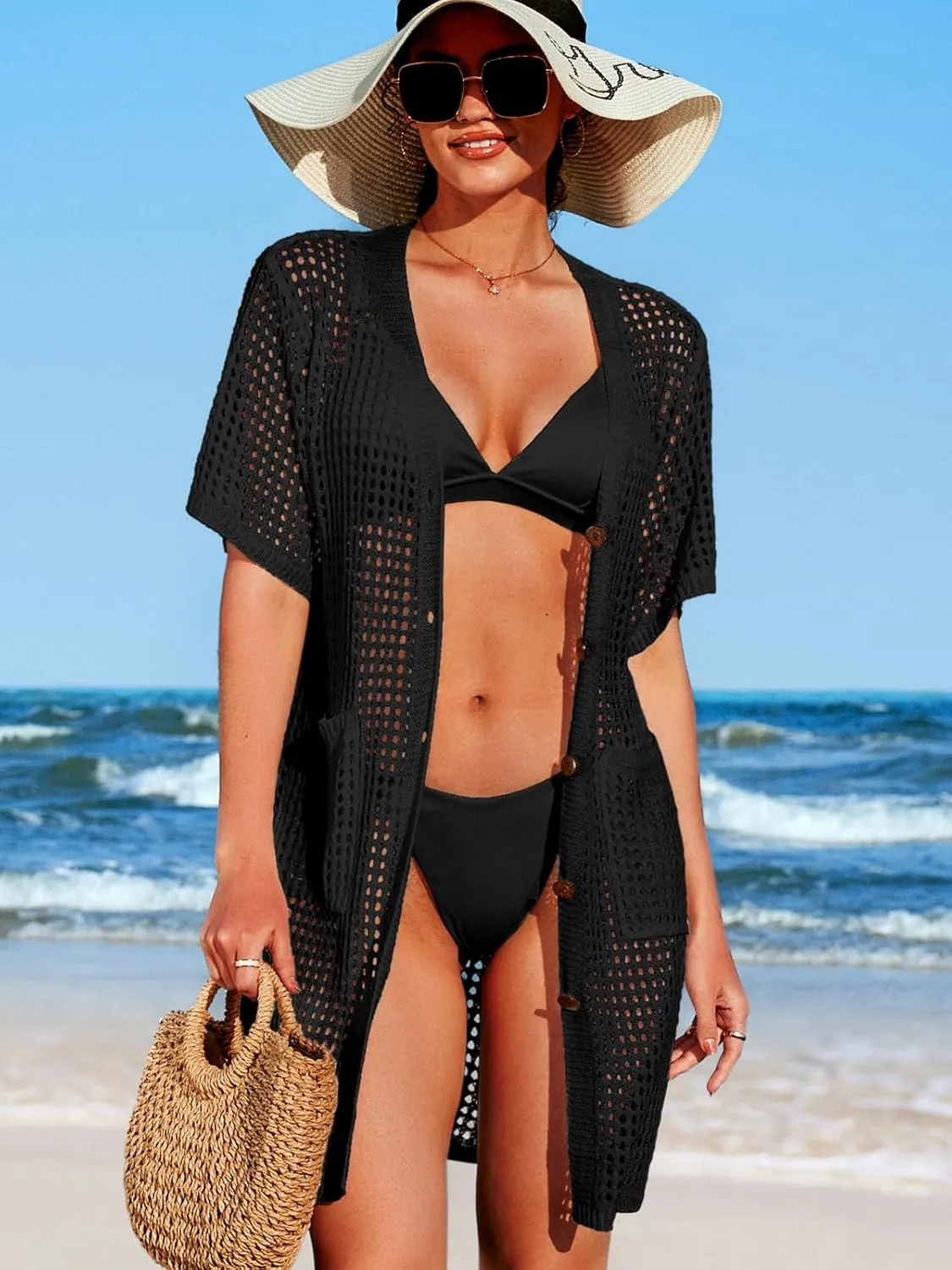 SOCIALA Swimsuit Cover up Women Button down Crochet Beach Dress Side Split Swim Bathing Suit Coverups Pocket Swimwear