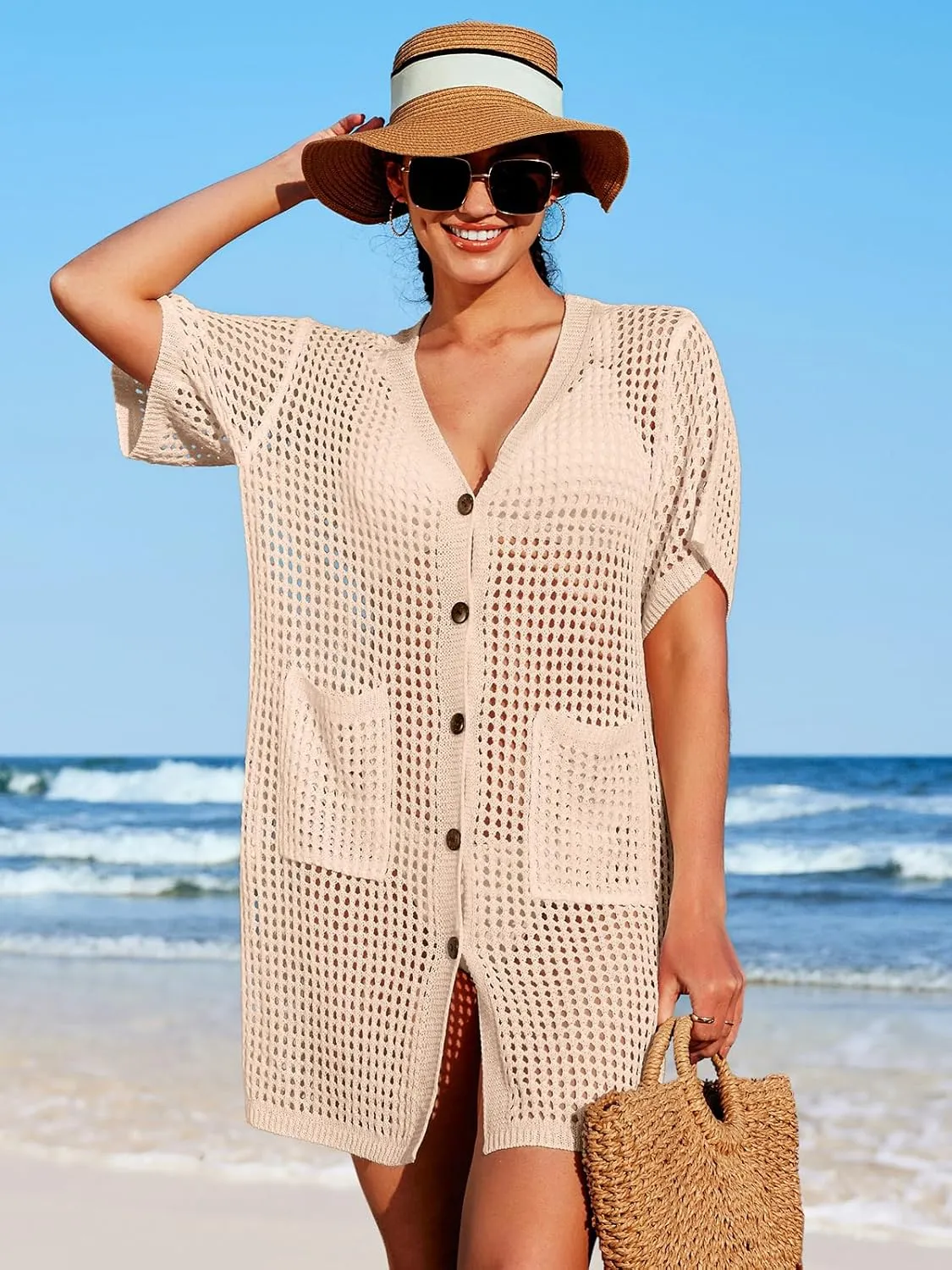 SOCIALA Swimsuit Cover up Women Button down Crochet Beach Dress Side Split Swim Bathing Suit Coverups Pocket Swimwear
