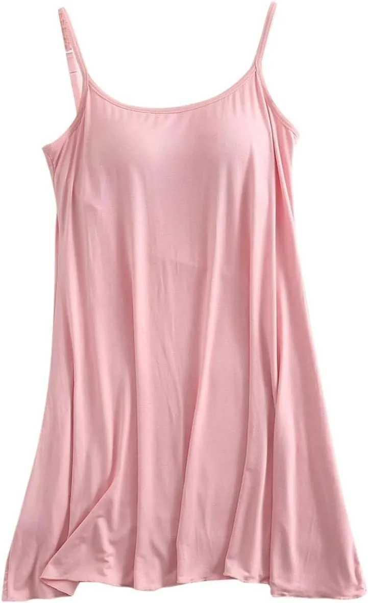 Spaghetti Strap Nightgowns Women Cotton Slip Dress with Built in Bra Sleeveless Scoop Neck Sleepwear Sexy Nightdress