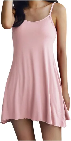 Spaghetti Strap Nightgowns Women Cotton Slip Dress with Built in Bra Sleeveless Scoop Neck Sleepwear Sexy Nightdress